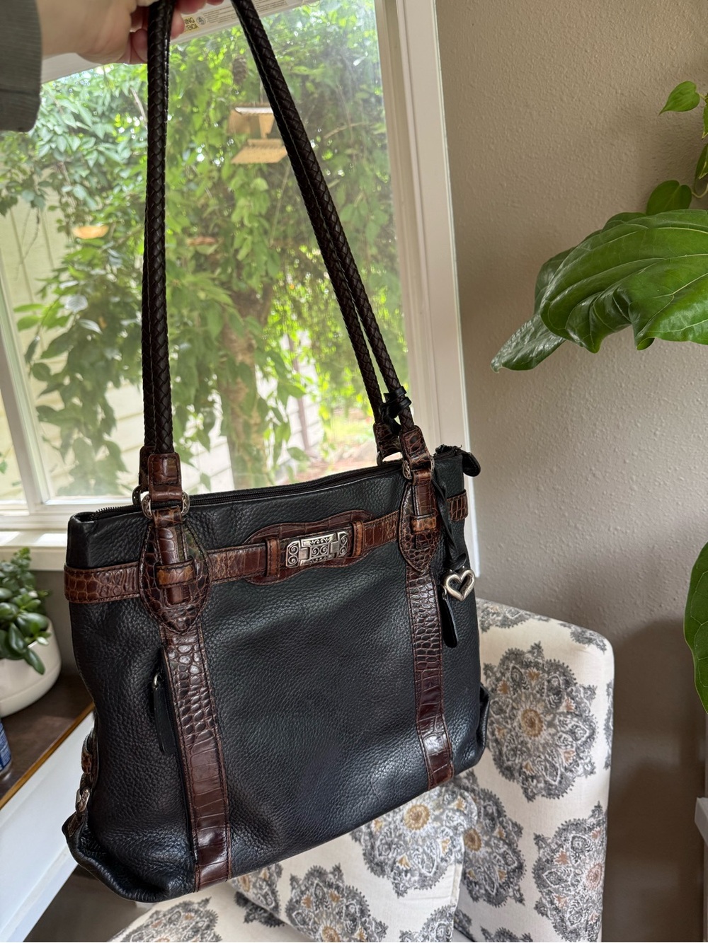 Vintage Brighton Black & Brown Pebble Leather Medium Shoulder Bag Tote Purse - Picture 10 of 12